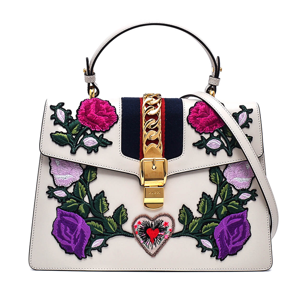 Gucci -White Leather Floral Embroidered Medium Sylvie Top Handle Bag w strap 